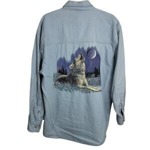 4925) Vintage Faded Gear Button Down Long Sleeve Light Blue Wolf Denim Shirt M